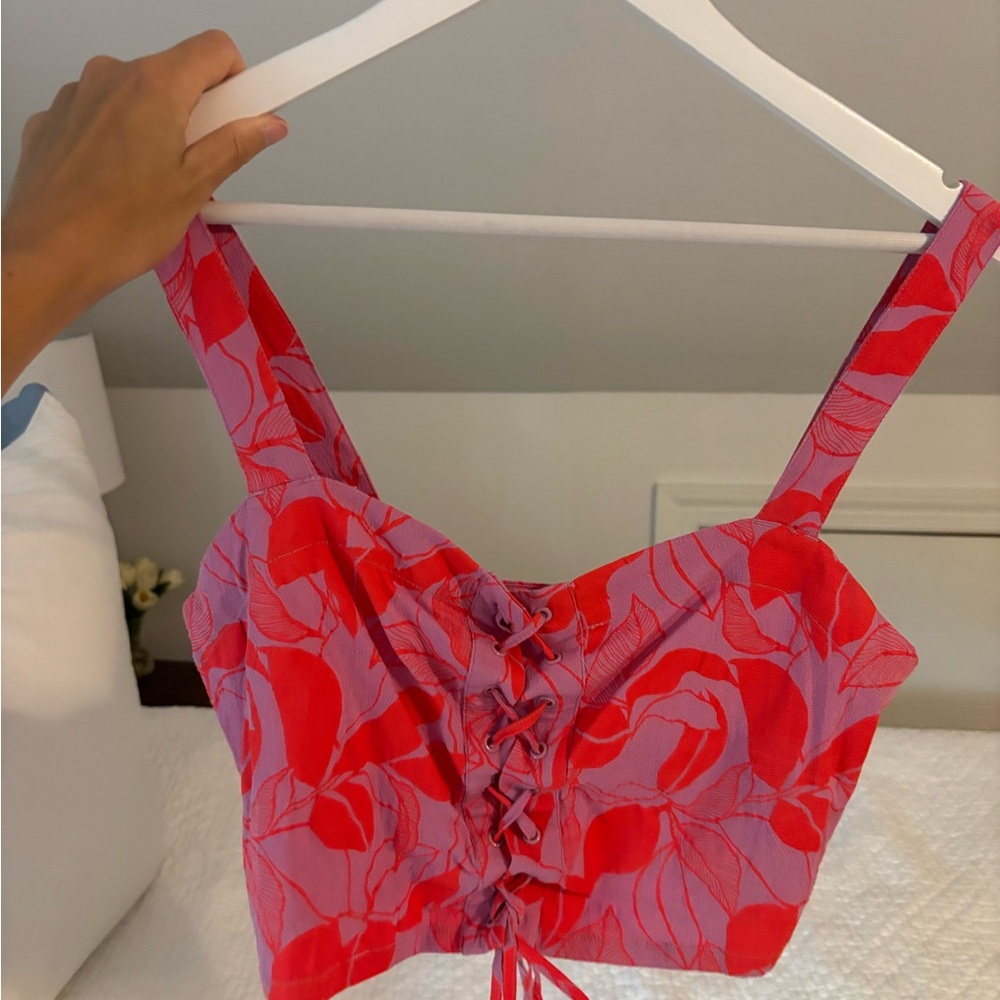RVCA Red and Purple Floral Lace-Up Tank Top